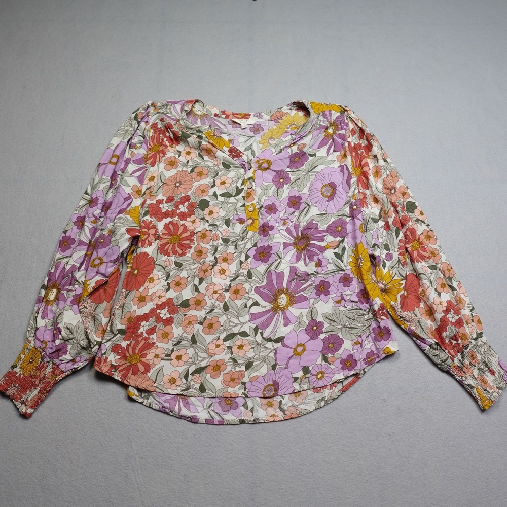 Easel Blouse Womens S Multicolor Floral Henley Puff Sleeve Lightweight oversize